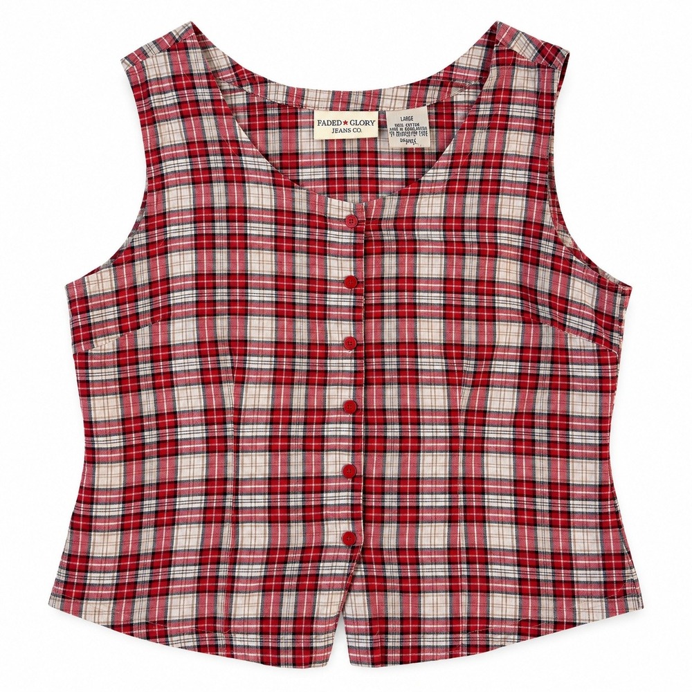 Vtg Y2K Faded Glory Red Plaid Button Tank Top L Cotton Gilmore Girls Grunge